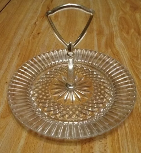 Crystal Cut Glass Nut Appetizer Tray With Stem Handle Antique 5.5" Wide Heavy