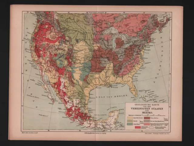 Landkarte map 1908: Geologische Karte: U.S.A. MEXIKO. Mexico