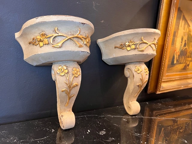 Pair of Hand Carved Painted and Parcel Gilt Solid Wood Wall Brackets