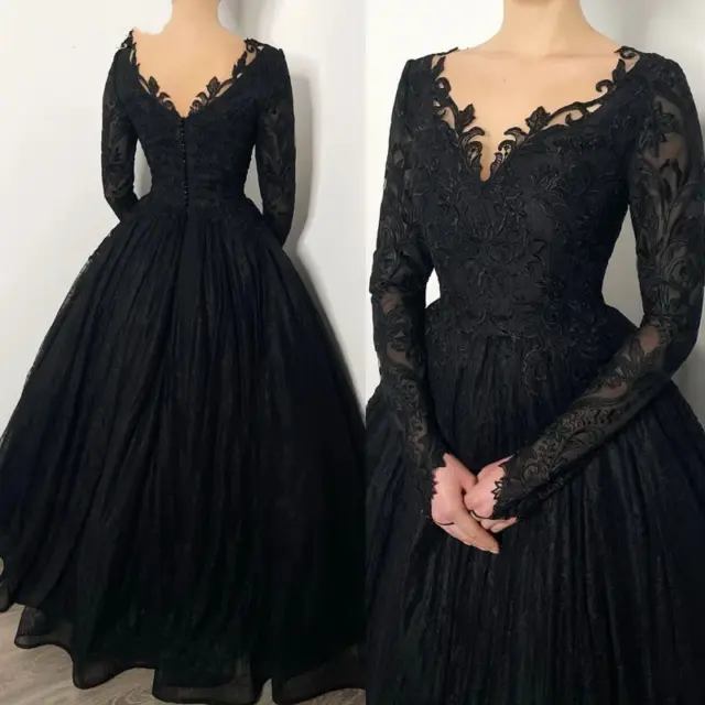 Gothic Black Wedding Dresses V Neck Long Sleeves Lace Appliques Bridal Gowns