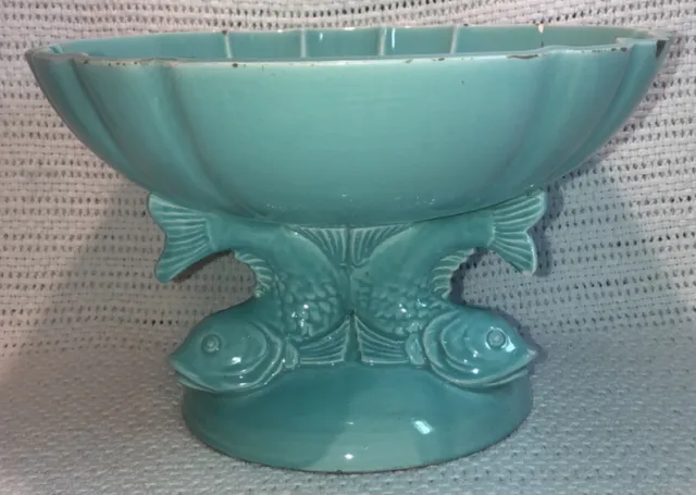 Unusual Vintage Turquoise Blue Dolphin Fish Centerpiece Footed Compote Bowl