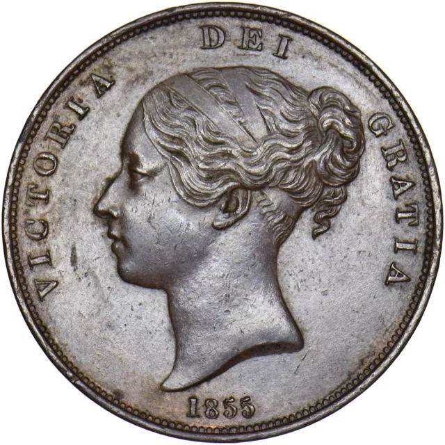 1855 Penny (OT) - Victoria British Copper Coin - Very Nice
