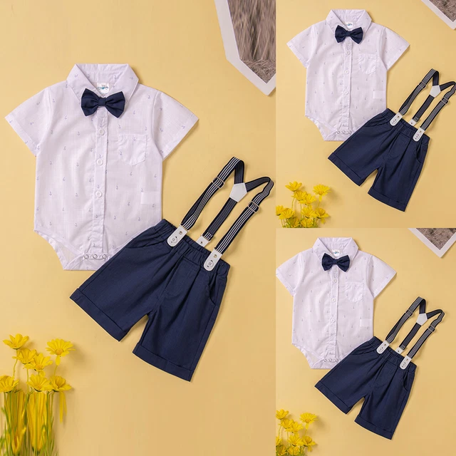 Baby Jungs Gentleman Romper Kurz Trägerhose Sommer Kurzarm Strampler Shorts Set