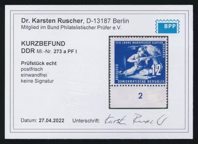 DDR Nr. 273 a I postfrisch PLATTENFEHLER Kurzbefund Ruscher BPP, Mi. 150,- Euro