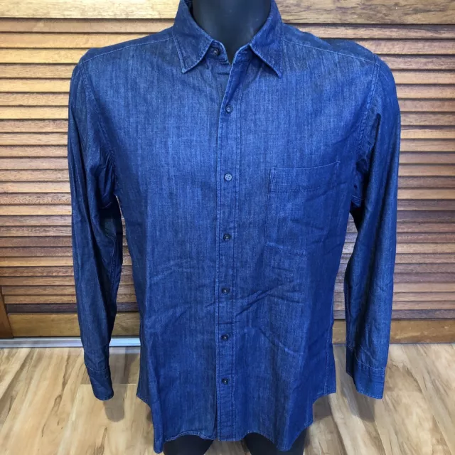 Uniqlo Mens Shirt Size XL Navy Blue Denim Cotton Long Sleeve Collared Button Up