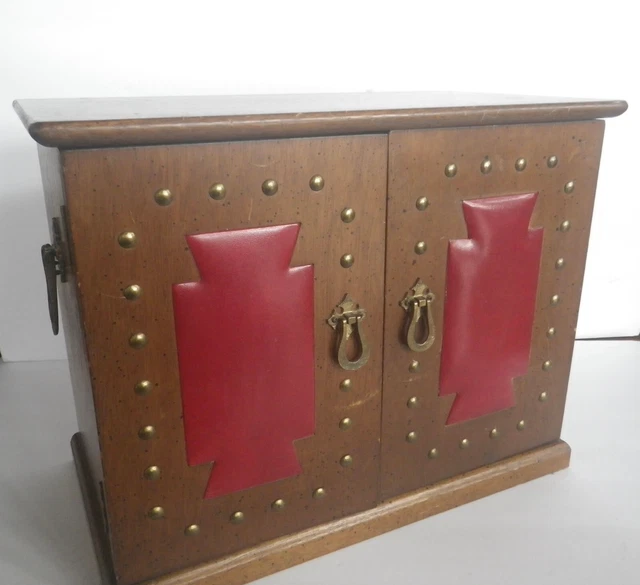 Midcentury 14 Drawer Jewelry Chest Wood Brass Hardware Large Box