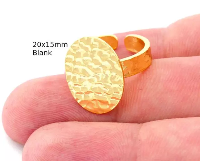 Oval Hammered Adjustable Ring Blank - Shiny Gold Plated Brass 20x15mm Blank 4949
