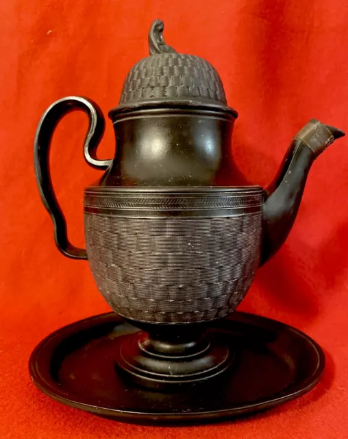 18Th C Black Basalt Coffee-Pot With Basket Weave & Tea Tray - Museum Piece