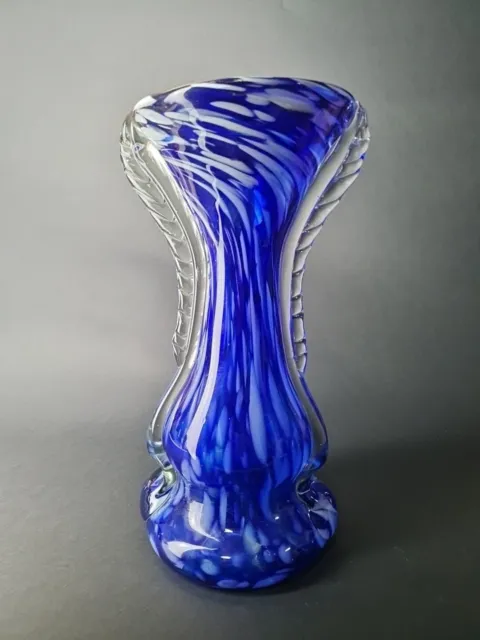 Murano Style Vobalt Blue And White Art Glass Vase With Clear Sides 23cm Tall