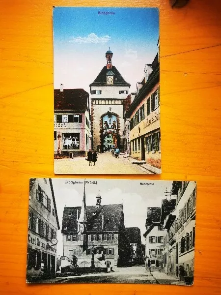 2 AK PK  Bietigheim Stadttor Marktplatz Markt Feldpostkarte Gasthaus Uhr 1923