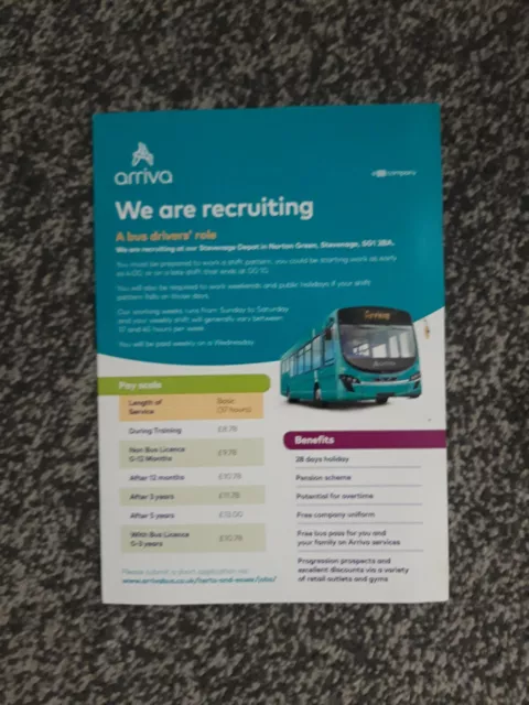 Arriva UK Bus Stevenage Driver Recruitment Leaflet A5 size (2018 or 2019 origin)