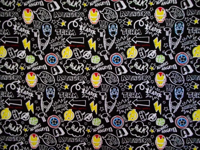 Camelot Fabric 7/8 Yard Marvel Comics Avengers on Black Quilting Cotton Vtg #N