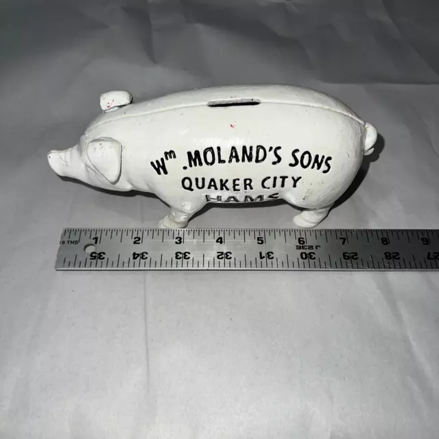 Vintage Cast Iron Pig Bank Wm Molands Sons Quacker City Hams 2