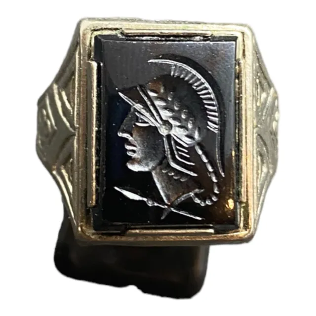 Vtg Silver Tone Black Glass Roman Centurion Soldier Cameo Adjustable Ring Sz 11