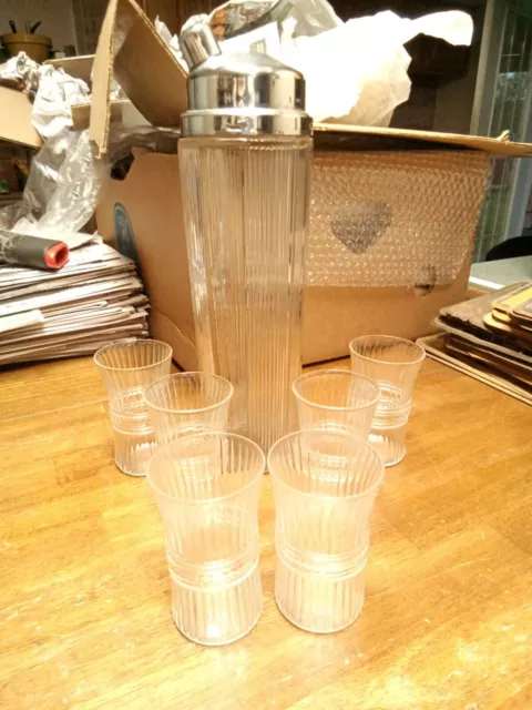 Vintage MCM Retro Barware Cocktail Shaker And 6 Glasses Ribbed Glass
