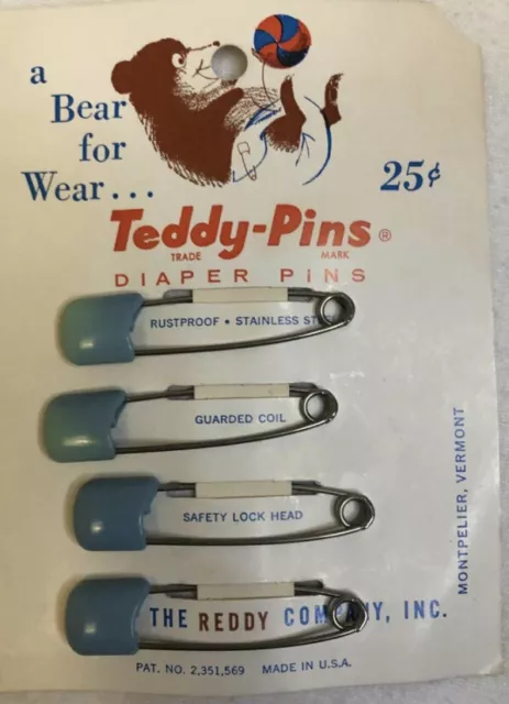 SET OF 4 VINTAGE BABY Teddy-Pins NOVELTY  DIAPER PINS BLUE