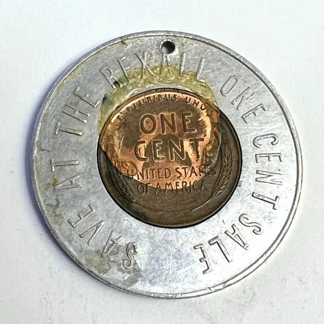 "SAVE AT THE REXALL ONE CENT SALE" Encased 1950-D Wheat Cent - (Los Angeles CA)
