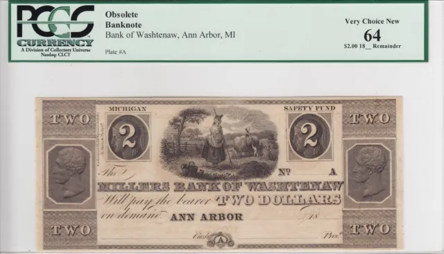 1800s $2 Millers Bank of Washtenaw Obsolete Note Ann Arbor MI PCGS CU 64