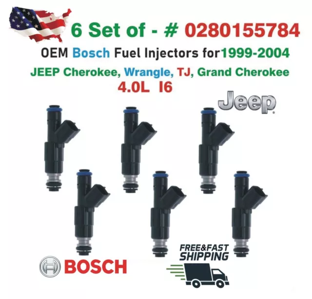 GENUINE Bosch set of 6 Fuel Injectors for 1998-2004 Jeep 4.0L I6 #0280155784