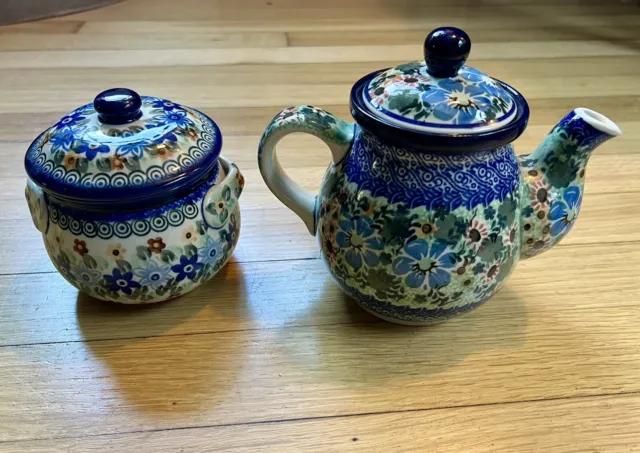 Unikat Polish Pottery Starzyk Floral Teapot & Maczka Sugar Bowl Jar Lot