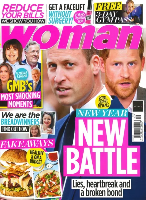 Woman Magazine Prince William & Harry, Royal, Davina McCall, Piers Morgan 9.1.23