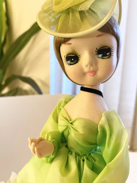 Vintage BIG EYES BRADLEY DOLL -Made in Korea-Green Dress w/ Head Piece 13" tall