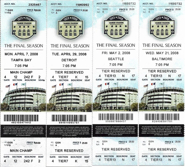 Four (4) 2008 New York Yankees Full Tickets - Final Season Jeter / Arod