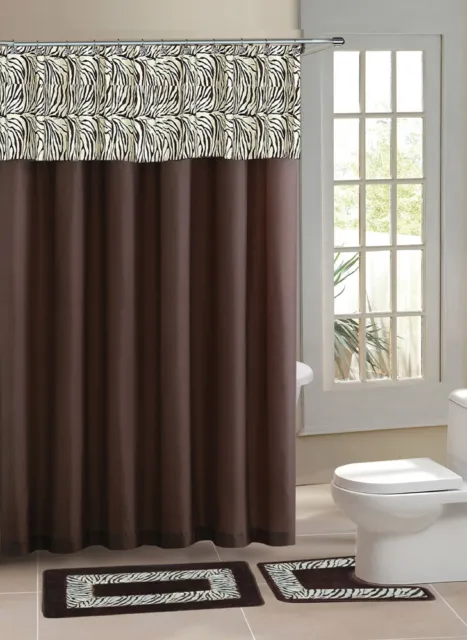 Brown Zebra Stripe Shower Curtain 15 Pcs Bath Rug Mat Contour Hooks Bathroom Set