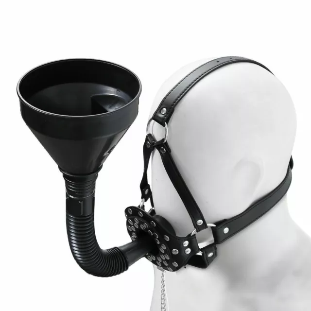 Restraints Head Hood Bondage BDSM PU Leather Harness Open Mouth Gag Funnel Slave