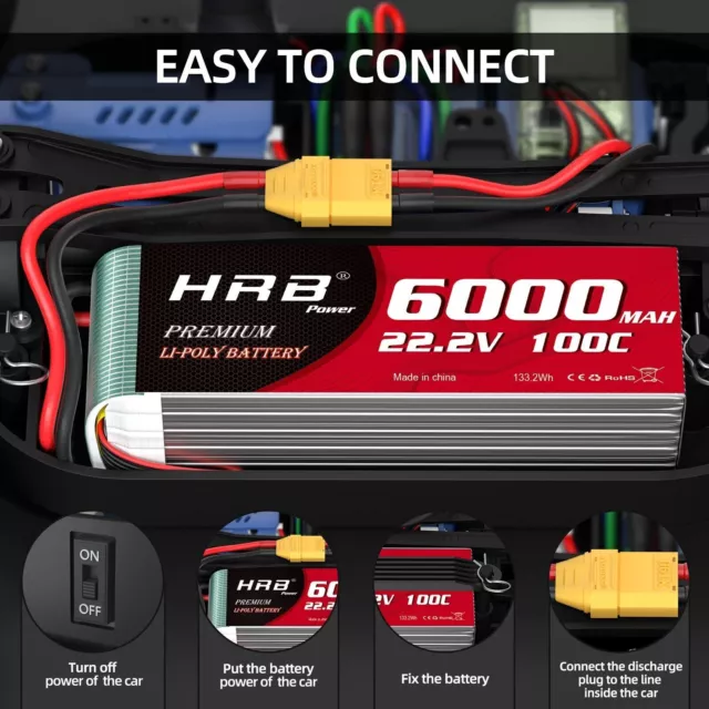 2x HRB 6S 6000mAh 22,2V 100C XT90 LiPo Batterie für RC Flugzeug Drohne Auto Akku 3