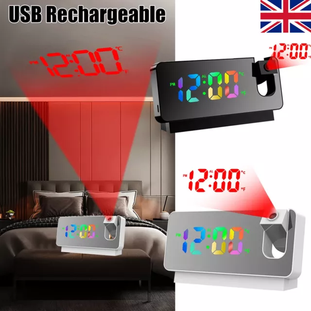 Smart LED Digital Alarm Clock Projection Temperature Projector LCD Display Time