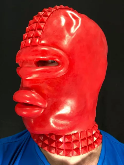 Rot Gummi Gimp Latex Maske Mit Sissy Lippen Nieten Fetisch Stag Oral Spielzeug