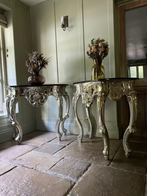 Black Marble Top & Gold French Rococo/ Italianate/ Baroque Console Hall Table 2