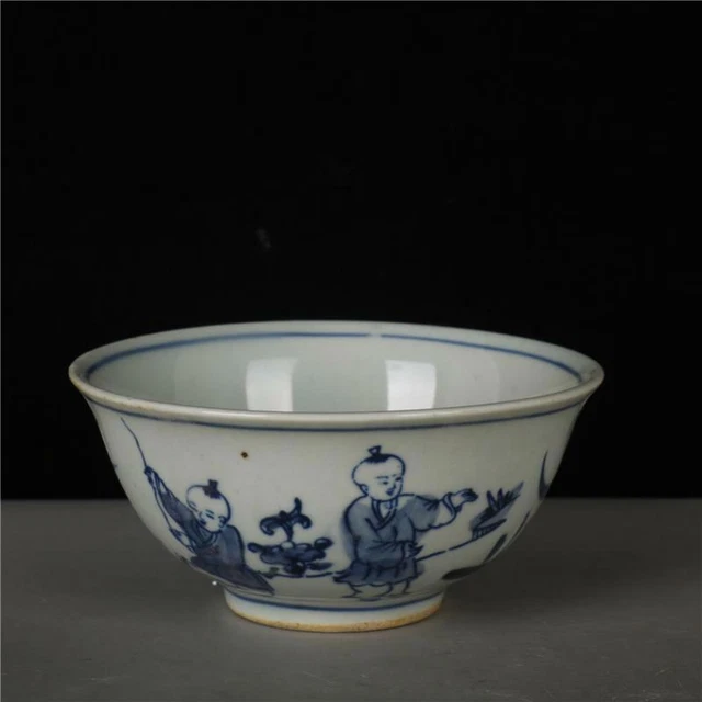 Chinese Blue and White Porcelain Qing Guangxu Kids Design Bowl 4.53 inch