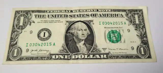 One Dollar Bill $1 Fancy Serial Number 03 04 2015 Birthday or Anniversary Note
