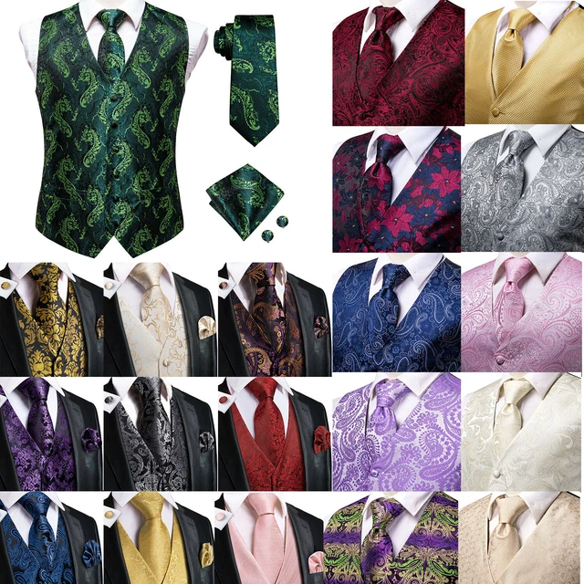 UK Mens Vest Suit Paisley Floral Waistcoat Blue Black Gold Silk Tie Set Jacket