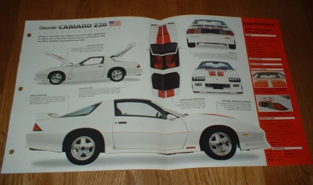 1992 Chevy Camaro Z28 Spec Sheet Brochure Photo Poster Z/28 92 91 90 89 88 84 82