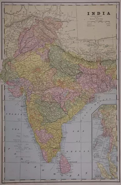 Old Lg (17"x12") 1889 Cram's Atlas Map ~ INDIA - FURTHER INDIA ~ Free S&H