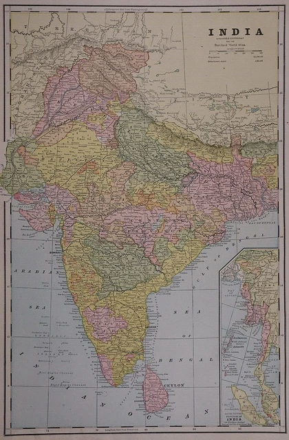 Old Lg (17"x12") 1889 Cram's Atlas Map ~ INDIA - FURTHER INDIA ~ Free S&H