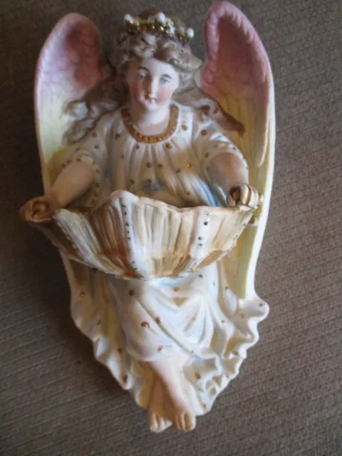 Antique Continental Bisque Porcelain Angel Holy Water Font Wall Pocket