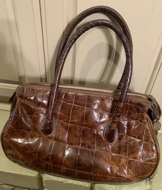 Furla Medium Tan/Brown Croc Embossed Leather Tote Bag Handbag Purse