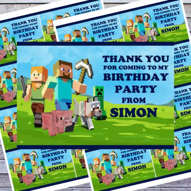 * MINECRAFT BIRTHDAY PARTY BAG THANK YOU STICKERS personalised any name x16
