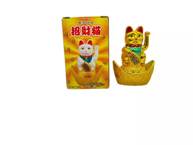Chinese Lucky Waving Cat Beckoning Maneki Neko Gold Fortune Feng Shui 3.75" Inch