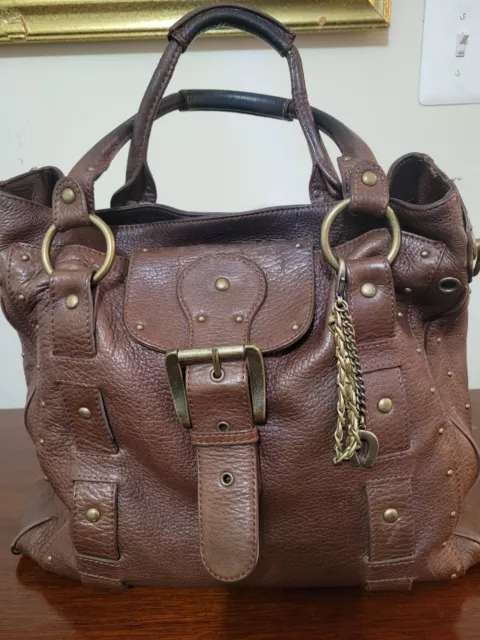 Vintage Rare Betsey Johnson Large Brown Leather Handbag with Brass Hardware