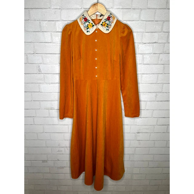 Vintage 1960's Velvet EMBROIDERED Peter Pan Collar Long Sleeve Dress Yellow S