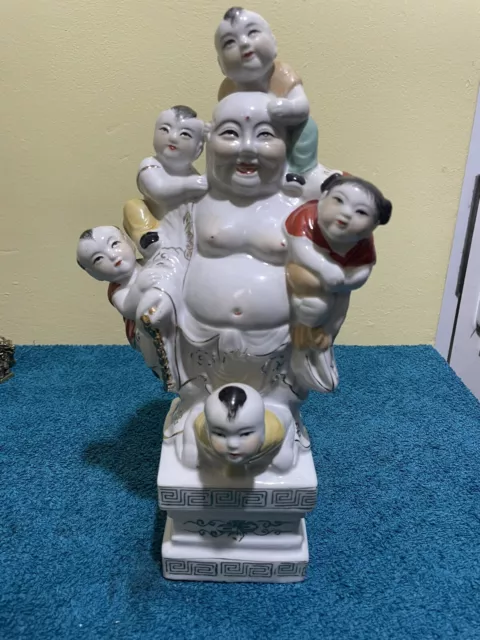 Chinese Porcelain HAPPY Laughing Buddha with 5 Children Fertility Statue