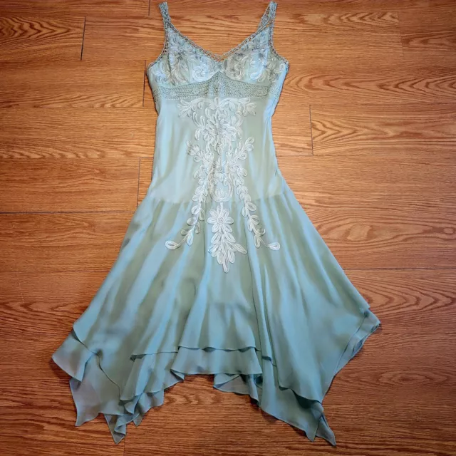 Vtg Sue Wong Fairy/Formal 100% Silk Dress Size 8 Petite Sea Foam Green Crochet