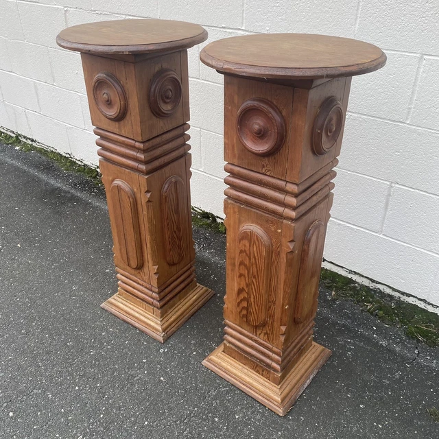 antique solid carved wood newel post plant stand Pair 3