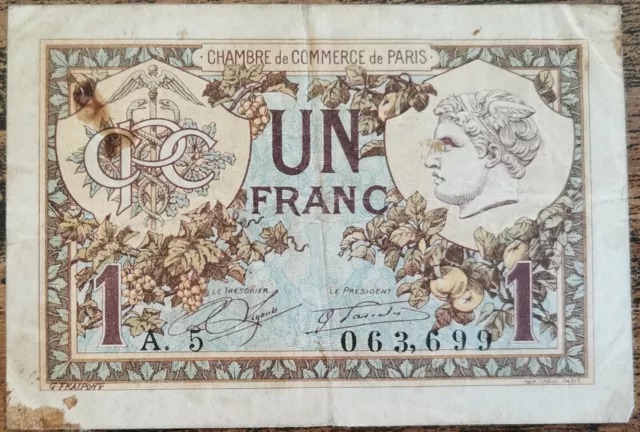 Billet 1 franc chambre de commerce de PARIS 1922 nécessité A.5