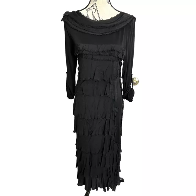 Italian Silk Tiered Black Dress, Midi, Very soft, lightweight, boho, Flowy